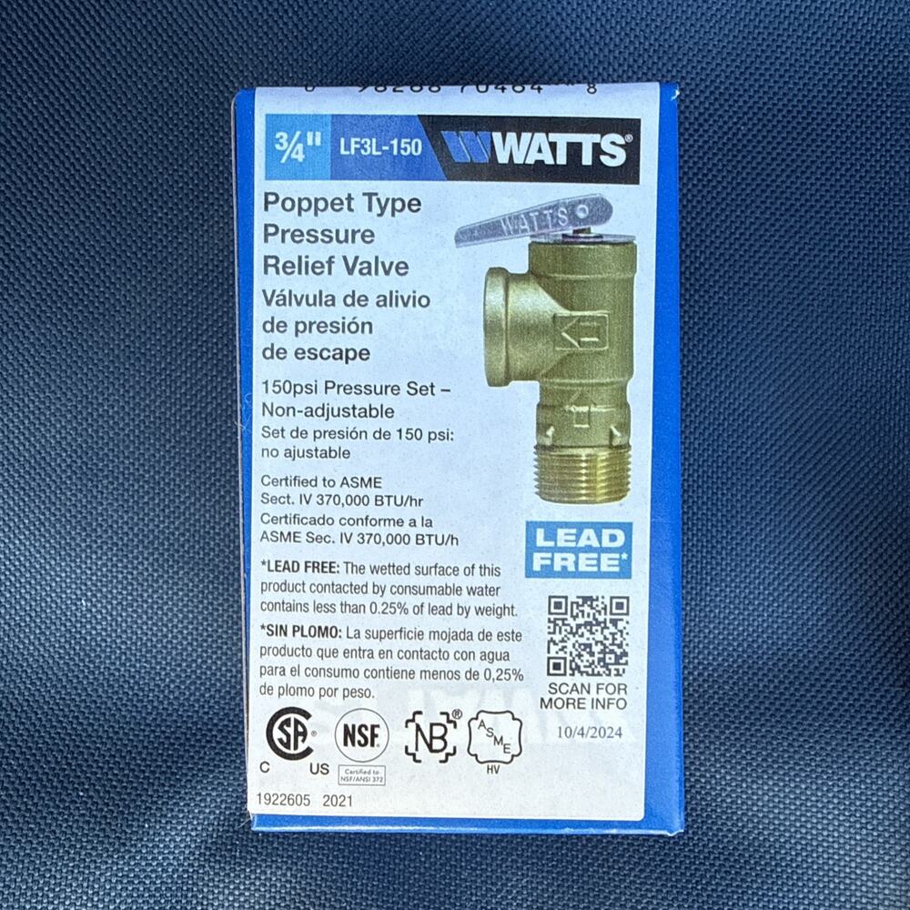 Watts 3/4 In Lead Free Copper Poppet Type Pressure Relief Valve, Test Lever